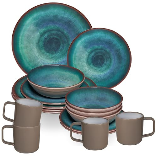 Melamin Geschirr Set Jesolo Grün für 4 Personen - 16 Teile - mit 90°C-Tassen aus ABS-Kunstsoff mit Antislip-Funktion - Steingutoptik Spülmaschinengeeignet Campinggeschirr Wohnwagen Camping Festival