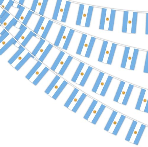 AhfuLife Banderas de cuerda de Argentina de 66 pies para decoración de fiestas, 60 banderines pequeños de Argentina, doble cara para el Día de la Independencia, Copa Mundial, Olímpicos, bares, fiestas