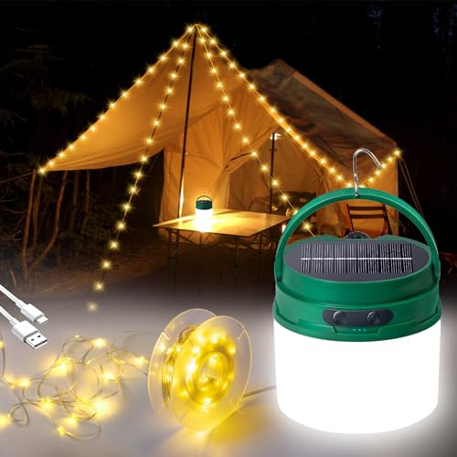 39.3FT Retractable Camping String Lights, 2-in-1 Solar & USB Rechargeable Lantern, Warm White Outdoor String Lights, IPX6 Waterproof LED Tent Lamp for Garden, Patio, Camping & Holiday Decor