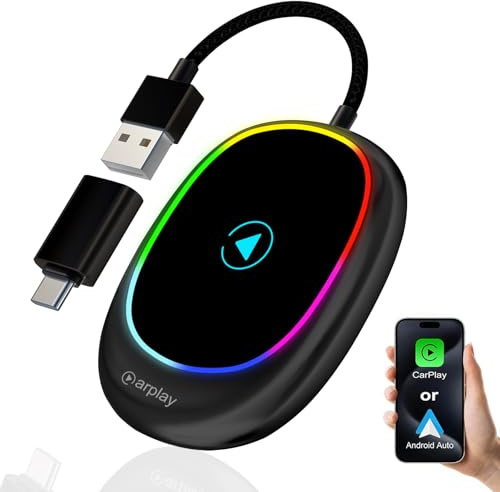 HUAJUN Adaptador Inalámbrico Carplay, Inalambrico CarPlay 2 en 1,para Carplay/Android Auto,Type-C y USB, Plug and Play para iOS 10+/Android 11+