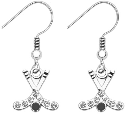 Sportybella Hockey Stick Earrings - Silver Dangle Jewelry - Hockey Gifts | Features a Silver-Tone Hockey Stick Design with Sparkling Crystal Accents, Dangle Style, Comfortable Wear for Game Days