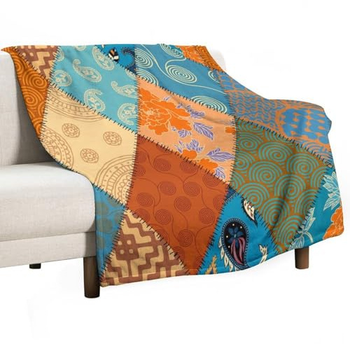 Yaxinduobao Coperta in flanella con stampa patchwork, stile bohémien, vintage, colorata e patchwork, per letto, divano, morbida e leggera, per tutte le stagioni, 101,6 x 152,4 cm