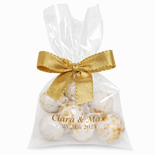 EinsSein personalisierte Gastgeschenke Hochzeit, Taufe, Babyshower 10 Stück mit Crispy-Schokokugeln weiss-gold splashed schon fertig gefüllt - Bonboniere Kommunion Konfirmation Babyparty