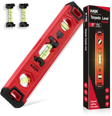KATA Torpedo Level Magnetic with Light: 9 Inch Shockproof Small Leveler Tool with Ruler - 3 Bubbles Spirit Level with Extra 2 Line Bubble Vials - Plumbing Levelers for Hanging Pictures Home Renovation