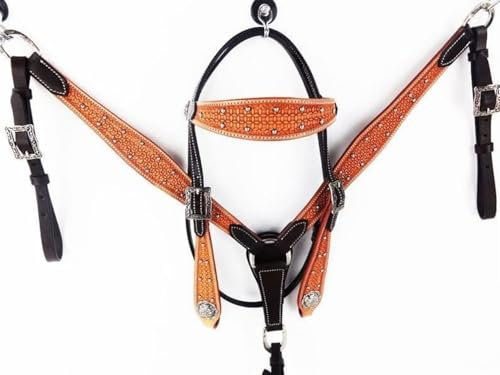 EQUIEMPRESS Western-Leder-Set mit handgefertigtem Kopfstück und Vorderzeug mit Zügeln. /Size-Full,Cob,Pony AZ-24 (Full)