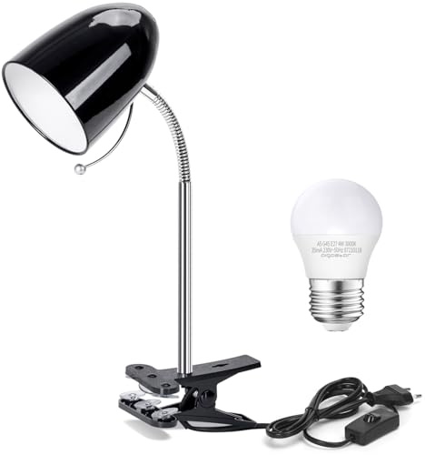 Aigostar Flexo Escritorio con Pinza Retro con Cable, Luz Lectura de Metal con E27 Bombilla LED, 6500K Luz Blanca, Cuello de Lámpara Flexible, con Cable de 153cm, Negro