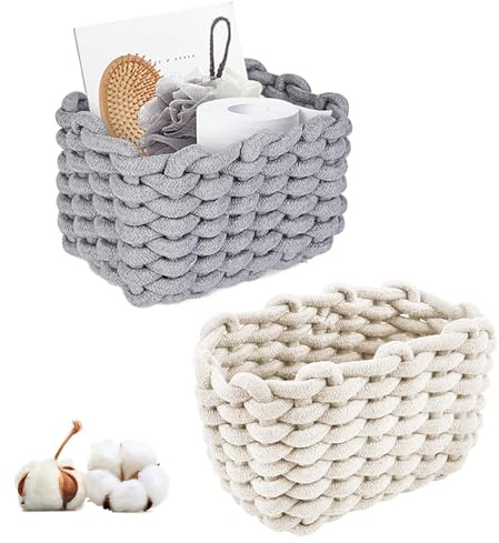 Aufbewahrungskorb Baumwolle, 2 Stück Set Aufbewahrungskorb Geflochten, Stapelbare Deko Speicher Storage Basket, Dekorative Quadratische Speicher Regalkörbe, Für Schminke, Spielzeug(Grau+Weiß)