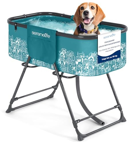 SereneLife Baignoire Pliable pour Chiens avec Hauteur Réglable, Station de Toilettage avec Drainage, Sangle de Sécurité 3 Points et Poches de Rangement, Jusqu’à 59 kg, Soin et Bain pour Chiens & Chats