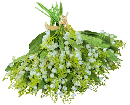 Urier 4 Forks Lily of The Valley Artificial Flowers Bouquet,Plastic Flowers for Outdoors,Fake Flowers with Stem,Home Wedding Party Garden Wreath Table Center Pieces Decor (24, White)