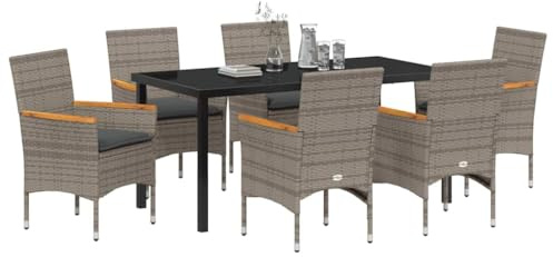 vidaXL Garten Essgruppe mit Kissen 7 pcs Grau Poly Rattan, Garten & Terrasse, modernes Lounge-Set, ergonomische Möbel für draußen, wetterfestes Balkon-Sitzen
