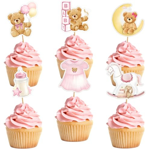 24 adorables adornos para cupcakes con forma de oso rosa, perfectos para baby showers y fiestas de revelación de género (incluye decoraciones de cumpleaños)
