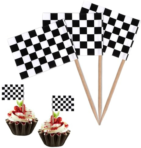 100 Pack Mini Checkered Flags Race Car Cupcake Toppers Small Checkered Flags on Sticks Black and White Checker Racing Flag Toothpick for Monster Truck Party Bar Cocktail Fruit Food Decorations