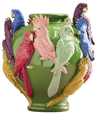 WERNS Design Vase mit Papageien, Grün, Handbemalt, Mehrfarbig, 23 x 23 x 26 cm, Dekorative Blumenvase
