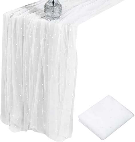 LIQWEI Weiß Tischläufer Tüll mit Perlen, 300x80cm Tüll Spitzenstoff, Perlenspitze Tischdecke Tischdekoration für Brautparty Geburtstagsfeier Hochzeitsbogen Hochzeitsschleier Tischkleidung