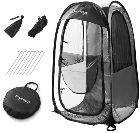 Flycoop Pop Up Sportzelt für 1 Person, Transparente Wetterschutzhütte mit TPU Sichtfenstern, Wind- & Regenschutz, Schnellaufbau, Tragbar für Outdoor, Camping & Sportevents (Schwarz)