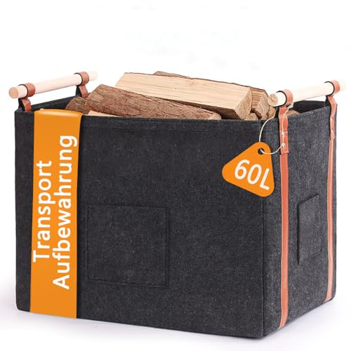 Diurwur®Holzkorb 60L Kaminholzkorb Filzkorb für Kaminholz 4mm Dicker Brennholzkorb mit Holzgriff Feuerholzkorb mit Doppelt Verstärkten Leder Faltbarer Korb für Kaminholz