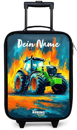 NoBoringSuitcases© Kinderkoffer Klein Personalisiert mit Name Rollkoffer | 48x31x19 cm - Kleiner Kinder Koffer mit LED Rollen Kindertrolley für Kind Traktor - Grün - Abstrakt