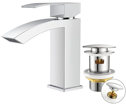 FORIOUS Grifo Lavabo con Vaciador Push-open, Grifo Monomando Cascada para Baño, Altura de Pico 100 mm, Diseño Boca de Grifo Tipo Rejilla, Ahorro de Agua, Cromado