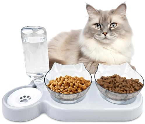 Comzantor 3 in 1 Porta Ciotole per Gatti Rialzate, 15°Inclinate Doppia Ciotola per Gatti Rialzata Inclinata, Ciotola Gatto con Borraccia, Rimovibile Ciotole Rialzate per Gatti Acqua (Grigio)