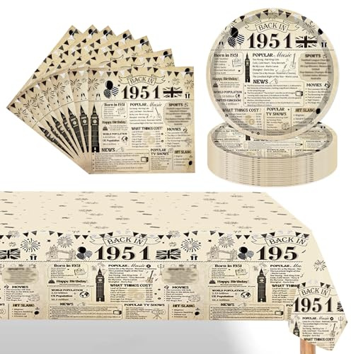Eiapadeor 75th Birthday Decorations Tableware Set - 37 Pcs 75th Birthday Party Plates Napkins Table Cloth Vintage Back in 1951 Disposable Dinnerware Set for Women Men 75 Year Old Party Supplies