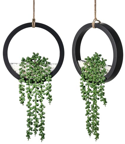 LUWENER 2 Pack 12.2 Artificial Hanging Succulents, Black Frame | Modern Look Fits Any Room, Bathroom Living Room Office Kitchen Indoor Wall Plant Decor