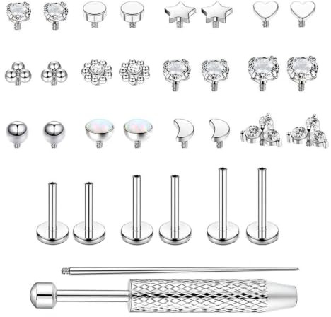 SXSYGZOA 32 Stück 16G/18G Tragus Helix Labret Piercing Innengewinde Nasenpiercing Stecker Lippenpiercing Knorpel Helix Ohrstecker Piercing Ohr 6/8/10MM