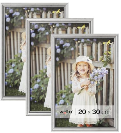 WOLTU Bilderrahmen 20x30, 3er set, Massivholz Fotorahmen mit Passepartout | Silber, Front aus PS-Platte, Posterrahmen zum vertikalen oder horizontalen Aufhängen und Aufstellen, Collage Wanddeko