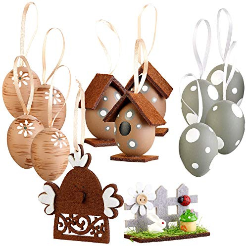infactory Ostereier zum Aufhängen: 13-teiliges Oster-Deko-Set zum Aufhängen, in Aufbewahrungsbox aus Holz (Deko Ostereier, Farbe)