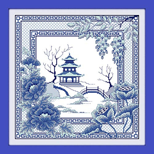 Cross Stitch Kits, Awesocrafts Blue Porcelain Landscape Pavilion Flowers Easy Patterns Cross Stitching Embroidery Kit Supplies Christmas Gifts, Counted (Landscape, Counted)