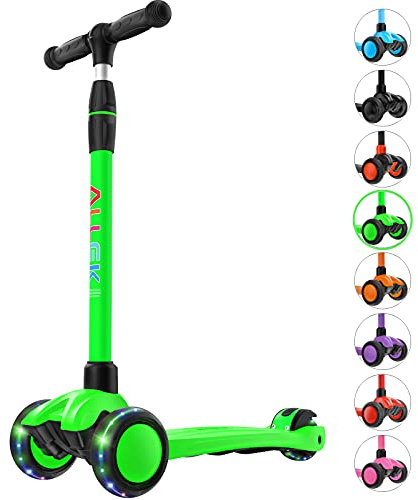 Allek Kick Scooter B03, Lean 'N Glide 3-Wheeled Push Scooter with Extra Wide PU Light-Up Wheels, Any Height Adjustable Handlebar and Strong Thick Deck for Children from 3-12yrs (Lime Green)