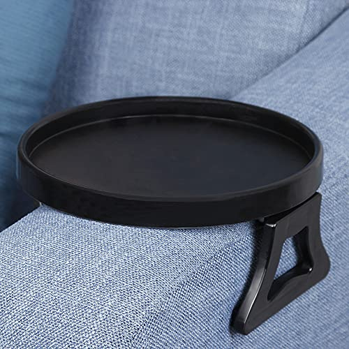 Sofa Arm Table Clip-On Tray for Drinks, Remote & Phone Holder | Black color plastic tray. Strong spring clip fits most armrests. Clip on/off in seconds. Holds snacks, remotes, phone.