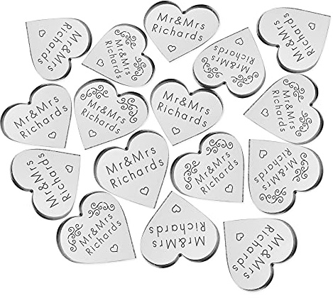 howson london Personalised Wedding Favours for Guests Wedding Decorations 100 Pcs Weddings Favours Gifts Any Text Mr & Mrs Heart Favour Mini Tokens Gifts Anniversary (Silver)