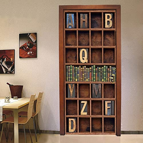 FHKGIUJAD 3D Türaufkleber Für Innentüren Retro Bibliothek Bücher 3D Bewirken Fototapete Pvc Türfolie Poster Tapete Abnehmbar Diy Wandtapete Für Wohnzimmer Küche Schlafzimmer 77X200Cm