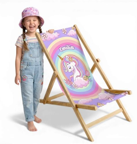 Ferocity Bambini Sedia a Sdraio Pieghevole in Legno Lettino da Giardino Poltrona Relax con Rivestimento Intercambiabile Motivo Unicorn [119]