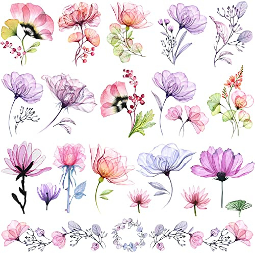 Tazimi 16 Sheets X-Ray Temporary Tattoos - Watercolor Rose Lily Flower Tattoos for Women - Arm Fake Flower Tattoo Stickers - Body Art Waterproof Tattoo Stickers