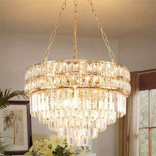 AOOCHOK Lampadario di cristallo moderno Pendant a pendolo, lampadario a cristalli rotondi, per salotto, sala da pranzo, camera da letto, ristorante, E14 x 11, Ø55 cm