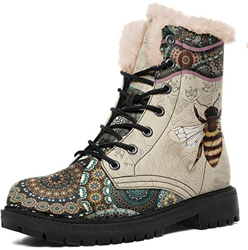 coolcustomize Personalized Christmas Boots, Custom Santa Claus Print Winter Snow Boots Print Fur Lined Lace up Women's Bee Boots Comfortable Winter Shoes Custom Xmas Gift