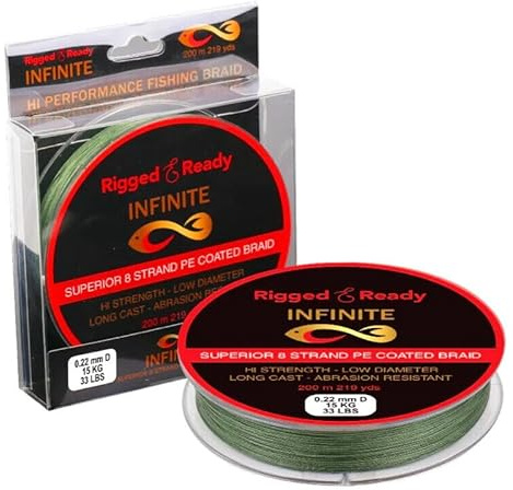 Rigged and Ready Infinite Hi-Performance Fishing Braid-33lb-15kg PE-beschichtete Schnur-200m. Geflochten, 8 Stränge, geringer Durchmesser, Keine Dehnung, Langer Wurf, Abriebfest, schnell sinkend.