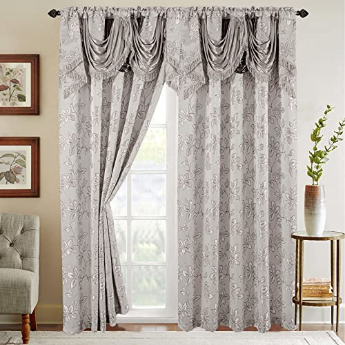 Elegant Comfort Vorhang-Set in Jacquard-Optik mit angenähtem Wasserfall-Volant, (2er-Set), 137,2 x 213,3 cm, Blattmuster, Silber