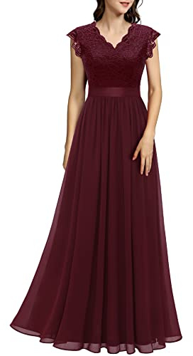 Dressystar Spring Lace Elegant Bridesmaid Dress V-Neck Formal Maxi Wedding Guest Dresses for Women UK Burgundy L