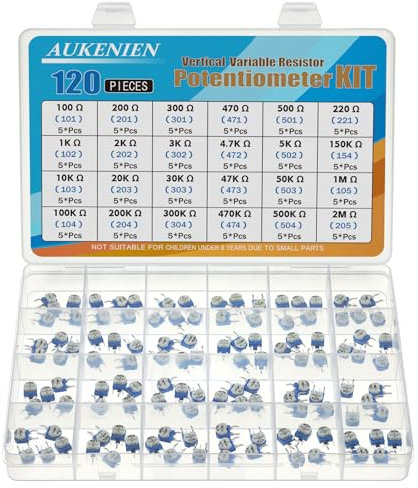 AUKENIEN 24 Werte 120 Stück Trimmer Potentiometer Vertikal Variabler Widerstand 100 200 300 470 500 220 1K 2K 3K 4,7K 5K 150K 10K 20K 30K 47K 50K 100K 200K 300K 470K 500K 1M 2M Ohm Klassifizierung Kit