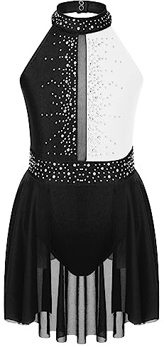 ranrann Enfant Fille Justaucorps Robe Danse sans Manches Robe Ballet Gym Costume Danse Contemporaine Lyrique Tenue Patinage Artistique Dancewear Noir&Blanc 13-14 Ans