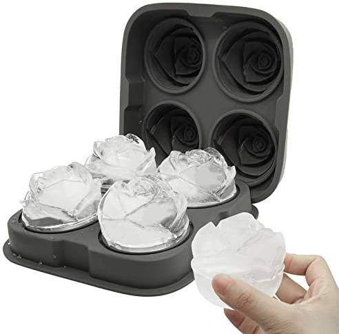 Bongpuda 2.5 Inch 3D Silicone Rose Ice Molds,Large Flower Ice Cube Molds,4 Cavity Fun Ice Tray Shapes,Easy Release,For Cocktail,Brandy,Juice,Wine,Whiskey,Bourbon(Grey)