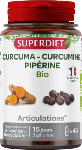 SUPERDIET - CURCUMA PIPÉRINE BIO - Articulations - Phytothérapie - Fabrication française - 45 gélules