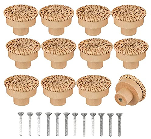 Hausdec Boho Rattan Dresser Knobs Round Wooden Drawer Knobs Handmade Wicker Woven and Screws for Boho Furniture 12Pcs