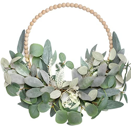 CIR OASES Wood Bead Eucalyptus Leaf Wreath Artificial Green Leaf Wreath Spring Summer Decoration Holiday Party Indoor/Outdoor Farmhouse Wreaths for Front Door Decor