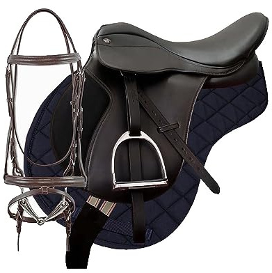 Set Sella 17 Equitazione Completo per Cavallo, Attrezzatura equitazione inglese per Principianti ed Esperti - Adulti Unisex, con sottosella briglia e staffe