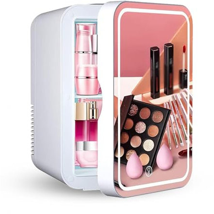 MELLYD Petit RéFrigéRateur CosméTique, 8L,avec Miroir De Courtoisie LED Mini Frigo Pas Cher, Voiture,Maison,Chaud Et Froid 2 en 1 Petit Refrigerateur, pour Chambre, Bureau Et Voiture,White
