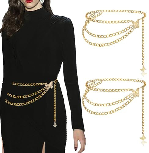 SNSYGN 2 Pieces Gold Chain Belt, Adjustable Belly Chain Gold Belt Tassel Belts Body Chains for Women Girls Ladies Dress Pants Coat