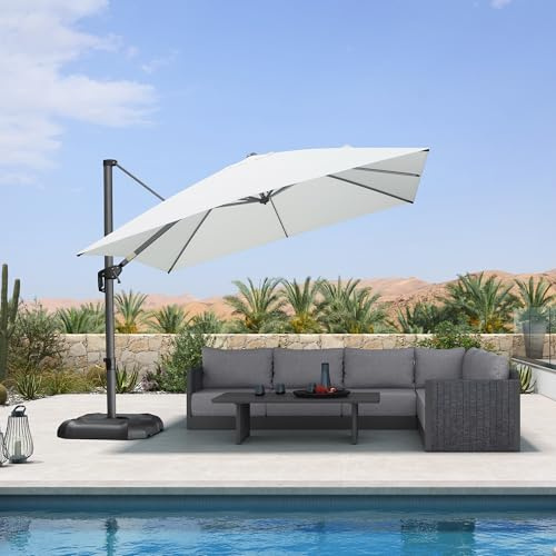 PURPLE LEAF Sonnenschirm 300 × 300 cm mit Kurbel Kreuzfuß UV-Beständig Weiß | Kurbelöffnung & 360° Fußpedal-Drehung, Einfache Bedienung, Flexibel Verstellbar, Alu-Schirmgestell, Rostbeständig & Langlebig